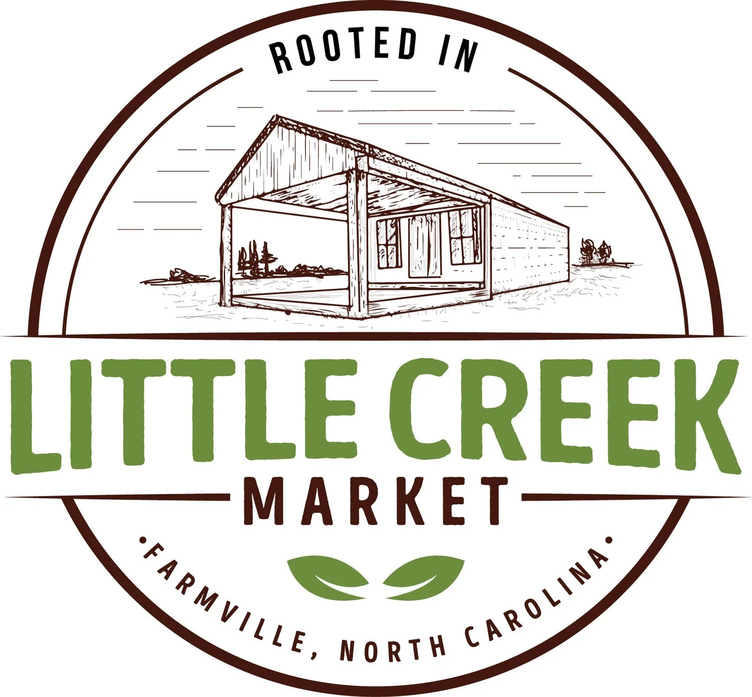 Logo of Little Creek Market, located in Farmville, North Carolina, featuring a rustic building illustration and the market's name prominently displayed in green and brown colors, emphasizing its local roots and community focus.